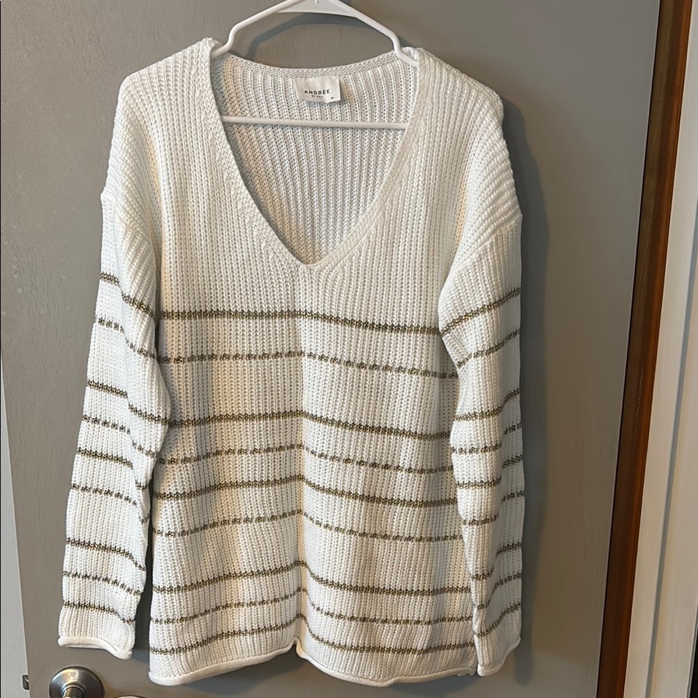 Women's White and Gold Striped Sweater